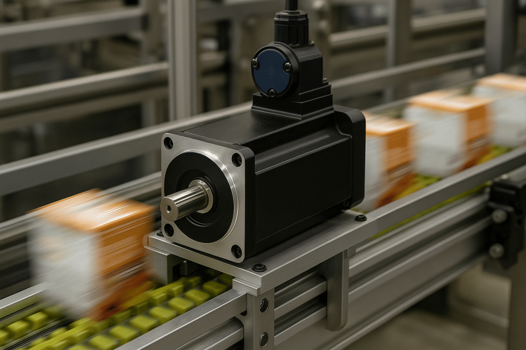 Industrial servo motor holding precise position on a high‑speed packaging line