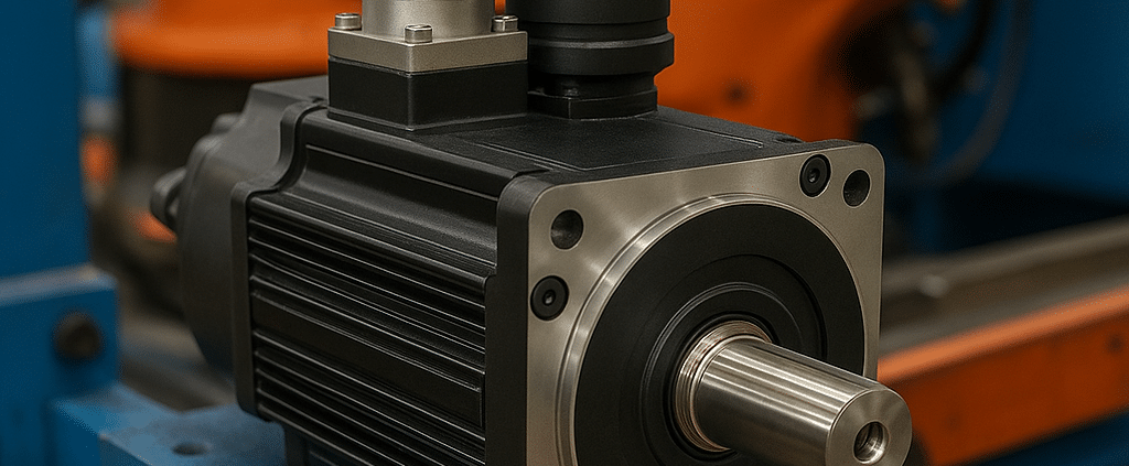 Brushless servo motor mounted in a robotic welding cell showing encoder and brake options