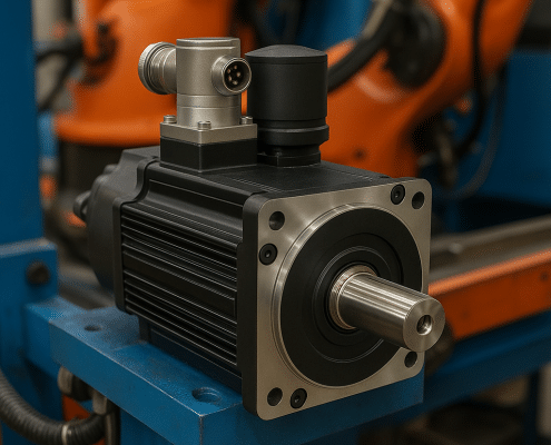 Brushless servo motor mounted in a robotic welding cell showing encoder and brake options