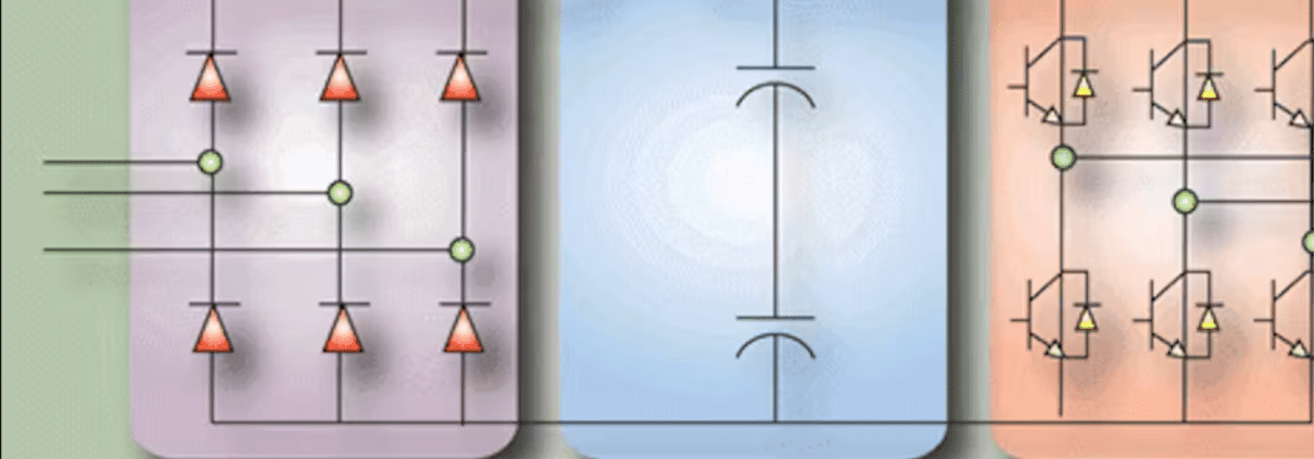 Simplified DC-bus diagram showing rectifier, capacitors, and inverter stages of a VFD