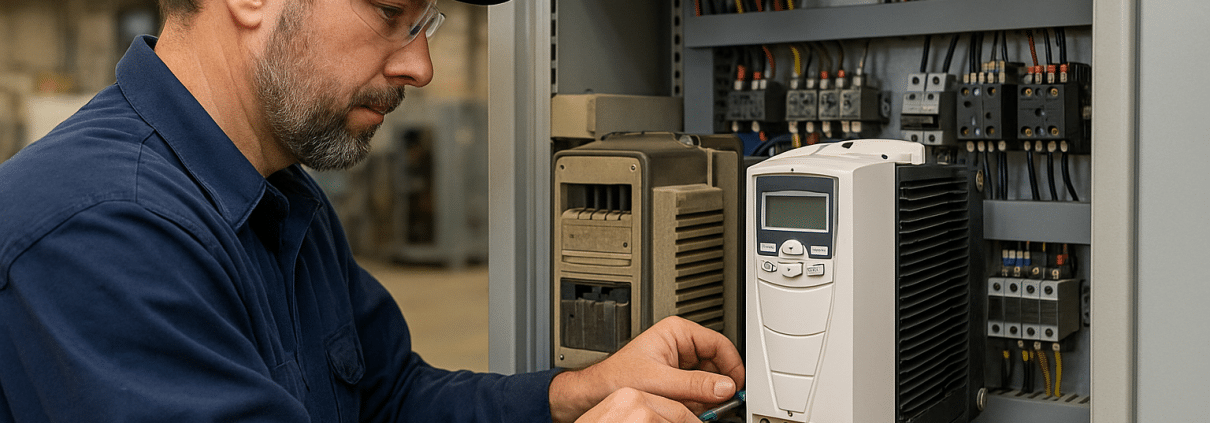 Technician performs VFD replacement on obsolete drive to restore production quickly