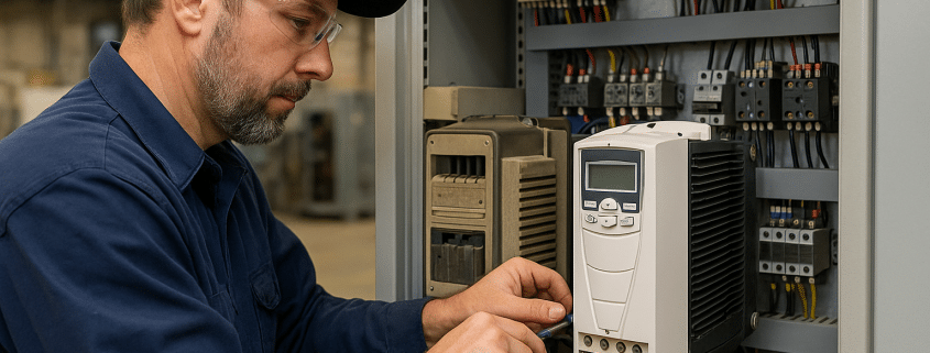 Technician performs VFD replacement on obsolete drive to restore production quickly
