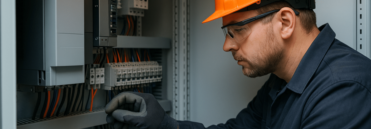 Technician inspecting VFD control wiring