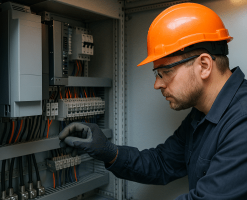 Technician inspecting VFD control wiring