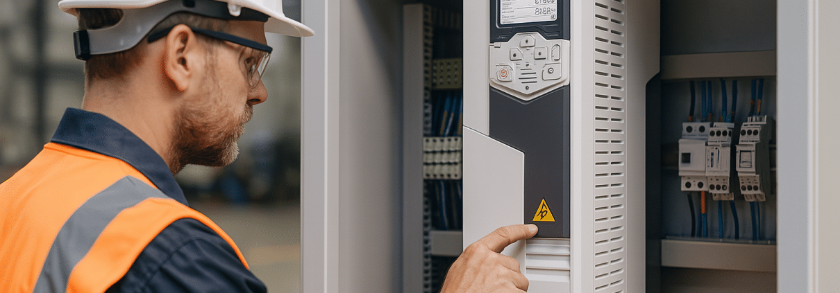 Technician commissioning an abb vfd drive inside a control panel