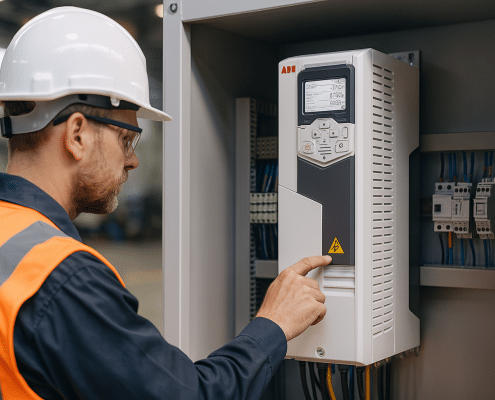 Technician commissioning an abb vfd drive inside a control panel