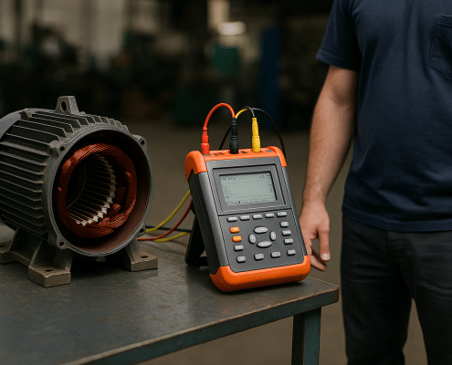 Technician performing electric motor repair testing on stator coils
