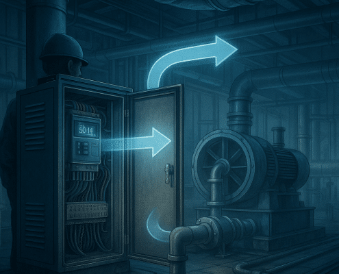 Diagram of a variable frequency drive controlling HVAC fans and pumps.