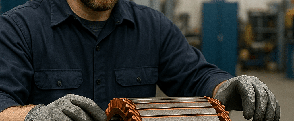 Precision Electric motor repair technician balancing a rotor