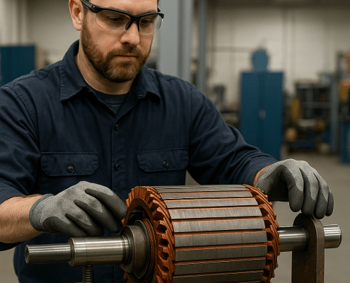 Precision Electric motor repair technician balancing a rotor