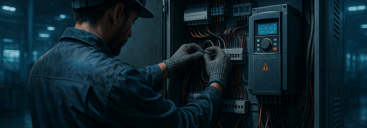 Technician wiring a Siemens VFD drive inside a control panel