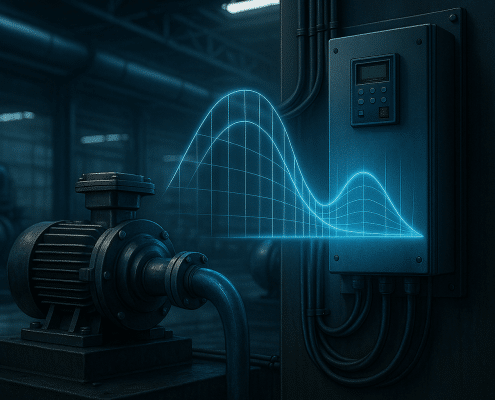 Pump power falls with the cube of speed — a key reason to use a VFD on pumps.
