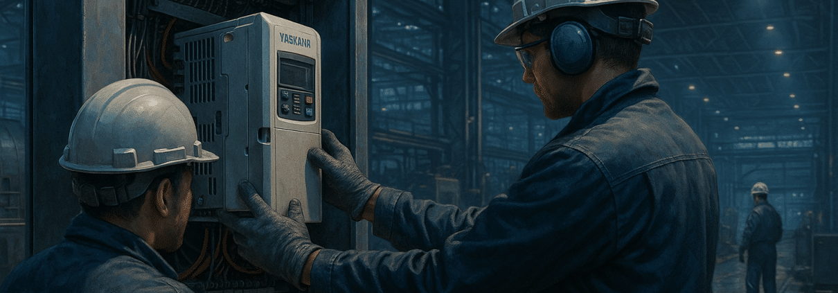 Technicians install a yaskawa variable frequency drive during a weekend upgrade.