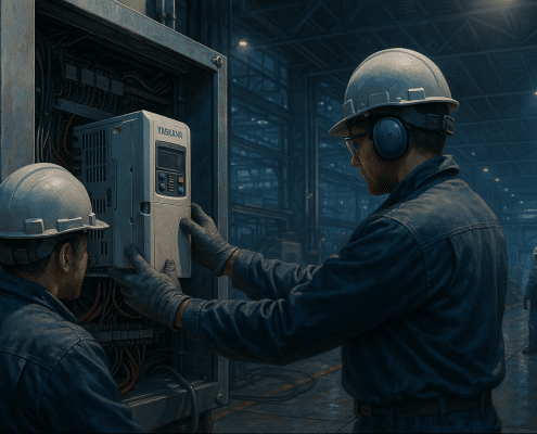 Technicians install a yaskawa variable frequency drive during a weekend upgrade.