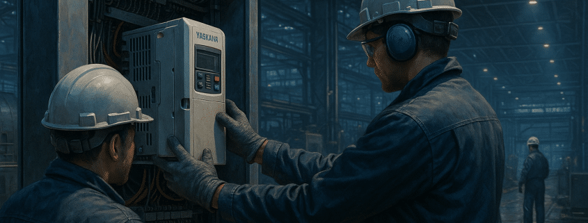 Technicians install a yaskawa variable frequency drive during a weekend upgrade.