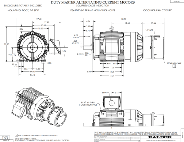 Baldor 40HP, 1190 RPM, 3PH, 6-60HZ, 364T, A36062M, TEF, A36-6924-0043, BRAKE MOTOR