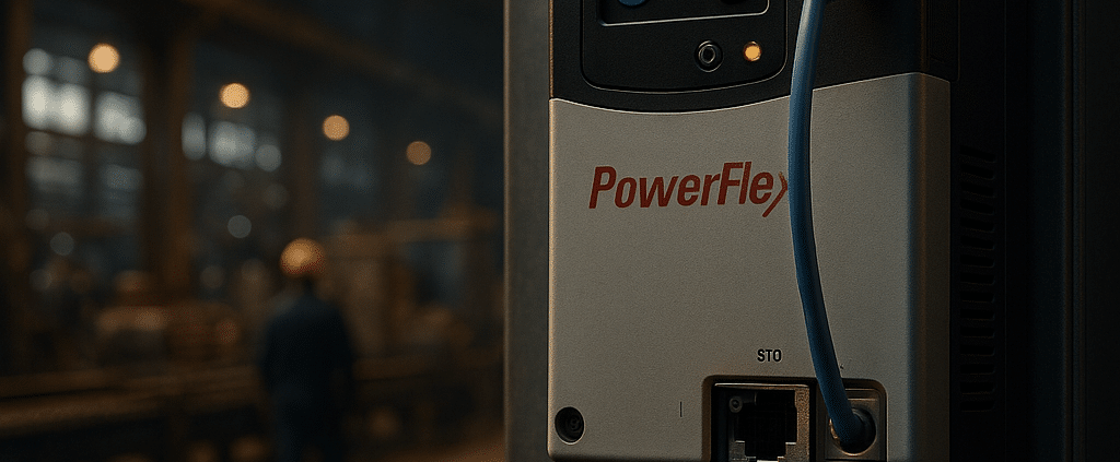 Allen Bradley Power Flex 525 VFD: Compact footprint, EtherNet/IP, and Safe Torque Off streamline commissioning.