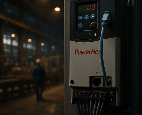 Allen Bradley Power Flex 525 VFD: Compact footprint, EtherNet/IP, and Safe Torque Off streamline commissioning.