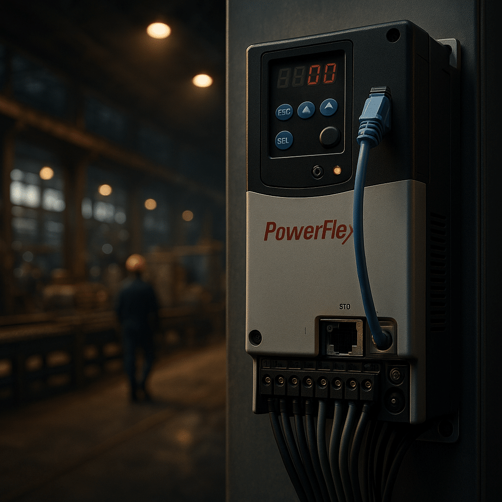 Allen Bradley Power Flex 525 VFD: Compact footprint, EtherNet/IP, and Safe Torque Off streamline commissioning.