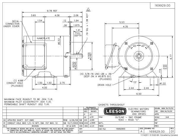 LEESON General Purpose Motor 0.75 & 0.50 HP, 3 Ph, 60 & 50 Hz, 230/460 & 190/380 V, 1200 & 1000 RPM, 56C Frame, TENV - 191415.00 - Image 2
