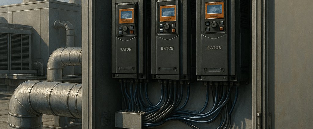Eaton VFD drives inside an HVAC control panel ensure optimal fan speed
