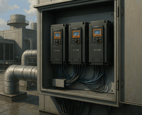 Eaton VFD drives inside an HVAC control panel ensure optimal fan speed