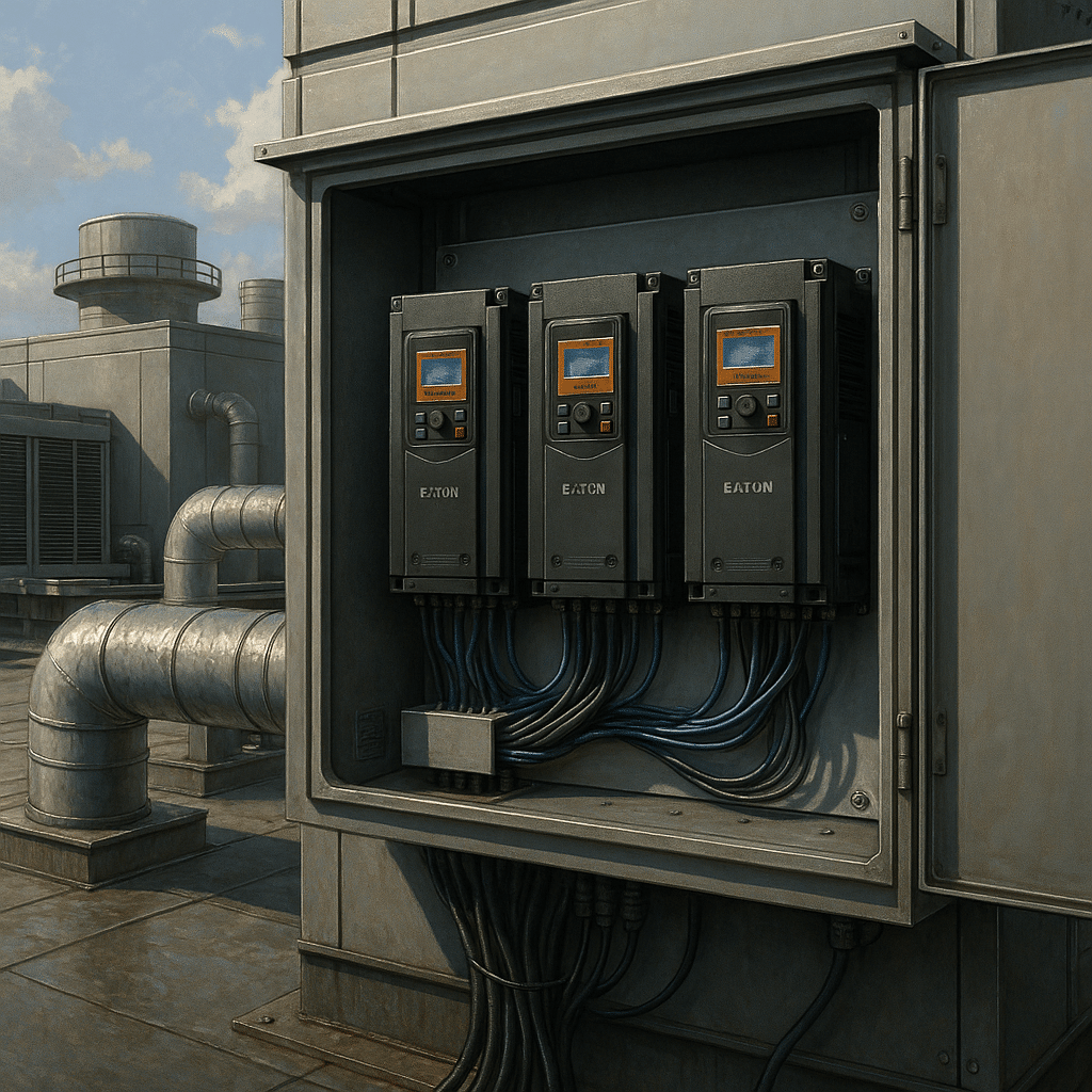 Eaton VFD drives inside an HVAC control panel ensure optimal fan speed