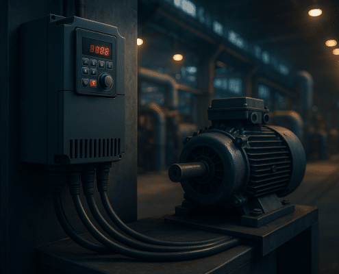 Variable drive motor control via VFD improves efficiency and soft‑starts.
