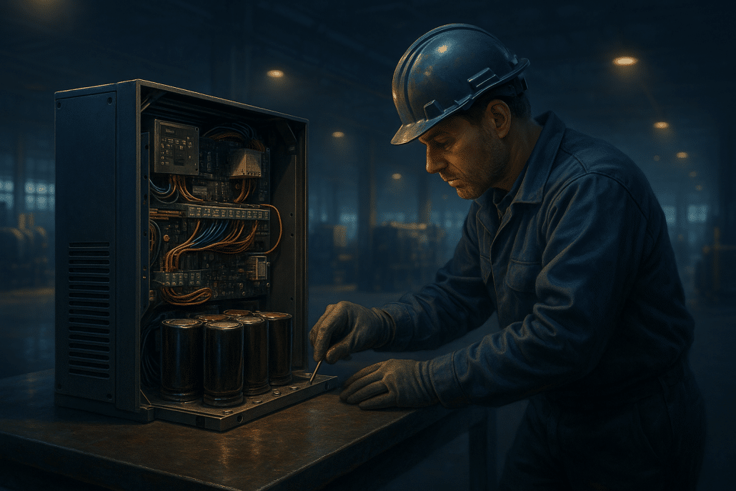 Technician conducting VFD inspecting during repair