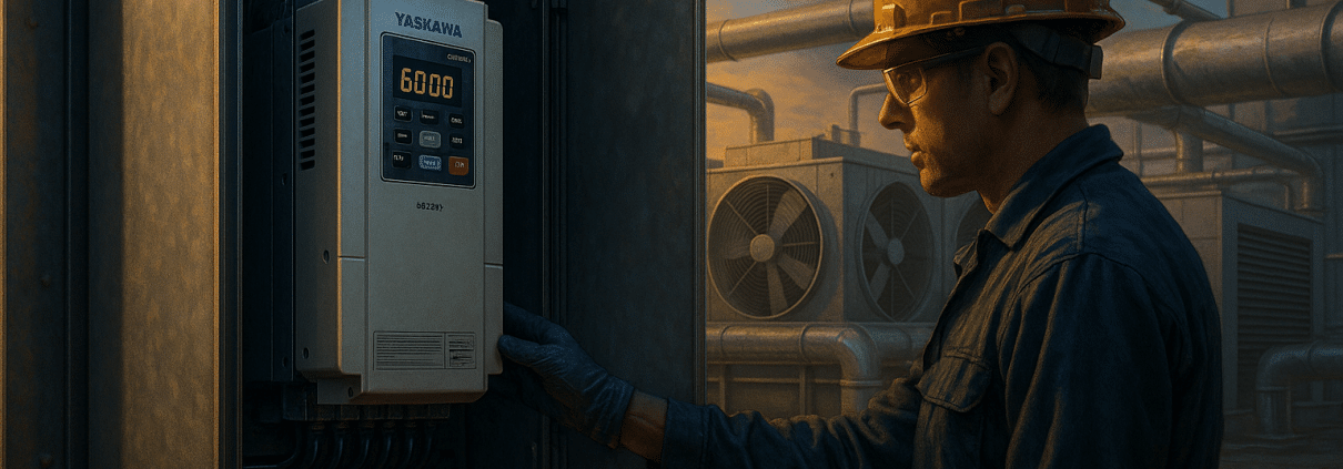 High‑efficiency yaskawa frequency drive GA800 in a rooftop air‑handler panel