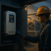 High‑efficiency yaskawa frequency drive GA800 in a rooftop air‑handler panel