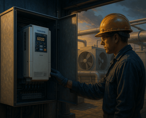 High‑efficiency yaskawa frequency drive GA800 in a rooftop air‑handler panel