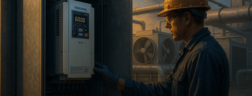 High‑efficiency yaskawa frequency drive GA800 in a rooftop air‑handler panel