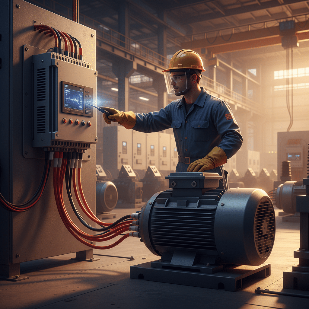 High-Voltage Line-Side Wiring for a 3 Phase Motor and VFD An electrician showing the correct high-voltage line-side wiring connections for a 3 phase motor and VFD system.