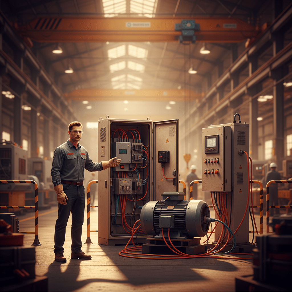 Essential Safety Precautions for 3 Phase Motor and VFD Systems Electrician wearing safety glasses and gloves, demonstrating essential safety precautions for a 3 phase motor and VFD inst...
