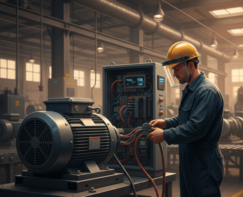 A technician wiring a 3 phase motor and VFD for a flawless industrial setup, showcasing AC motor speed control.