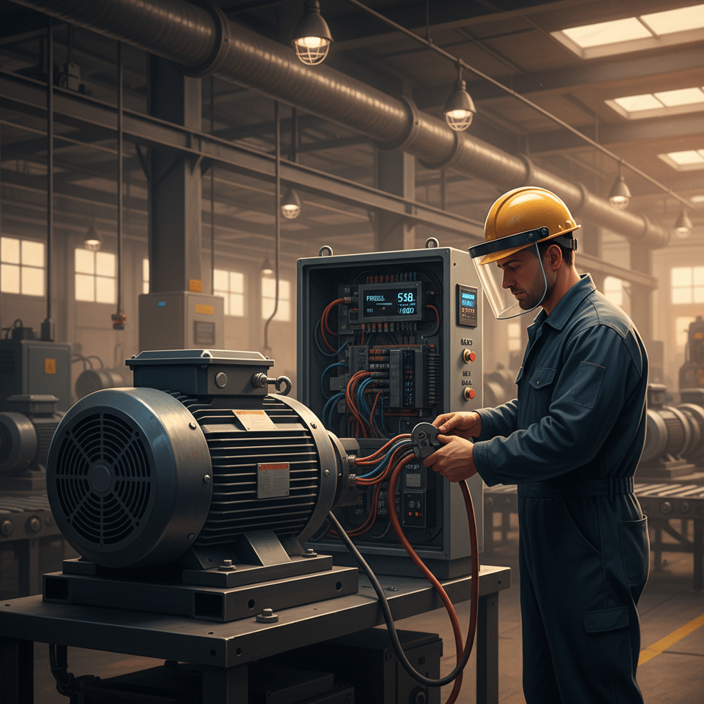 A Professional Guide to a Flawless 3 Phase Motor and VFD Setup A technician wiring a 3 phase motor and VFD for a flawless industrial setup, showcasing AC motor speed control.
