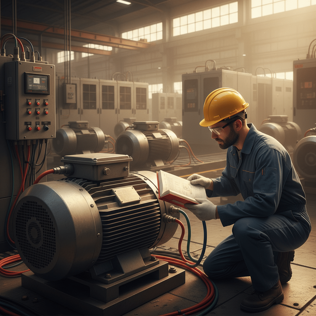 Technician carefully matching motor data to a manual for proper 3 phase motor vfd selection and sizing.