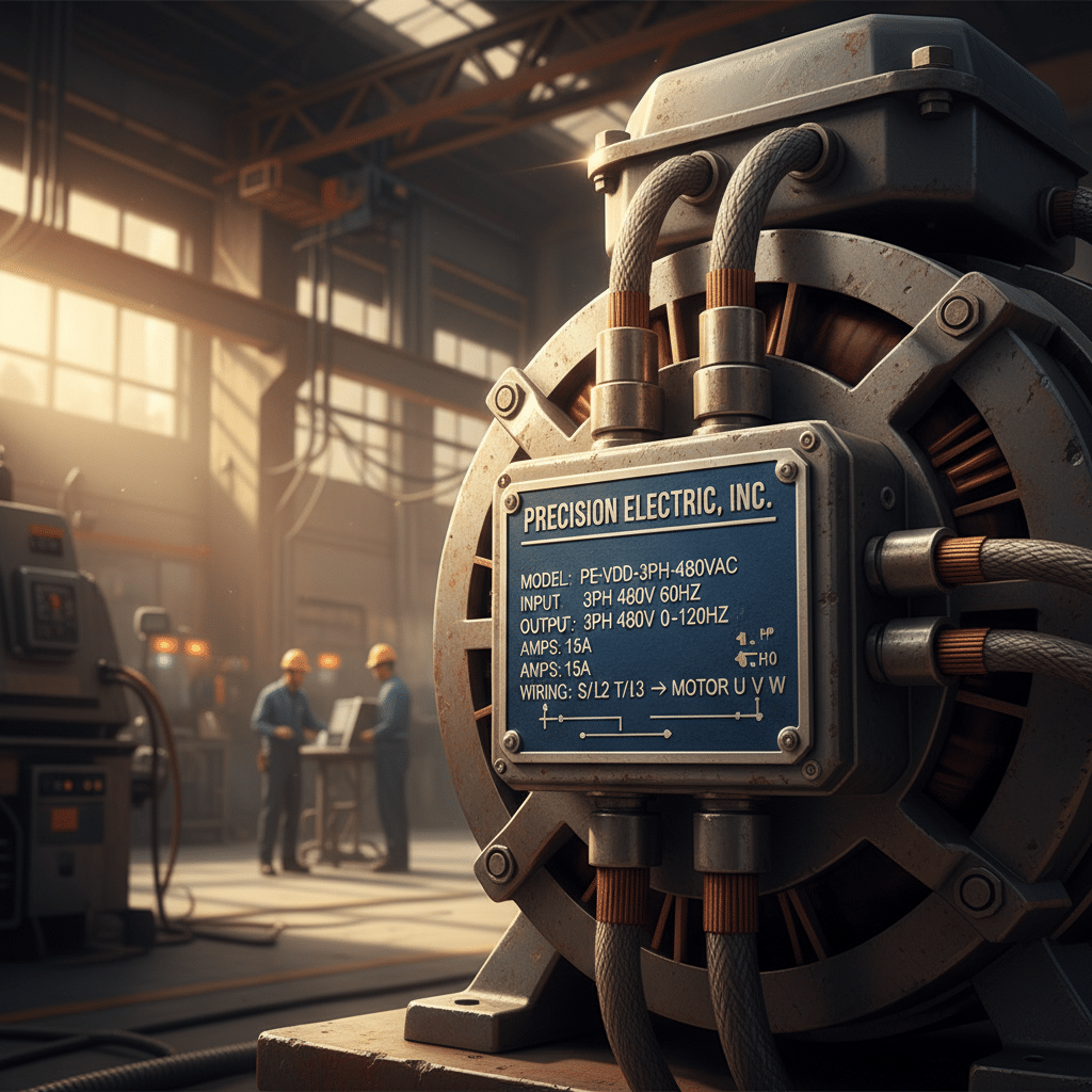 A close-up image of a 3 phase motor with VFD nameplate showing critical specifications for proper wiring and setup.