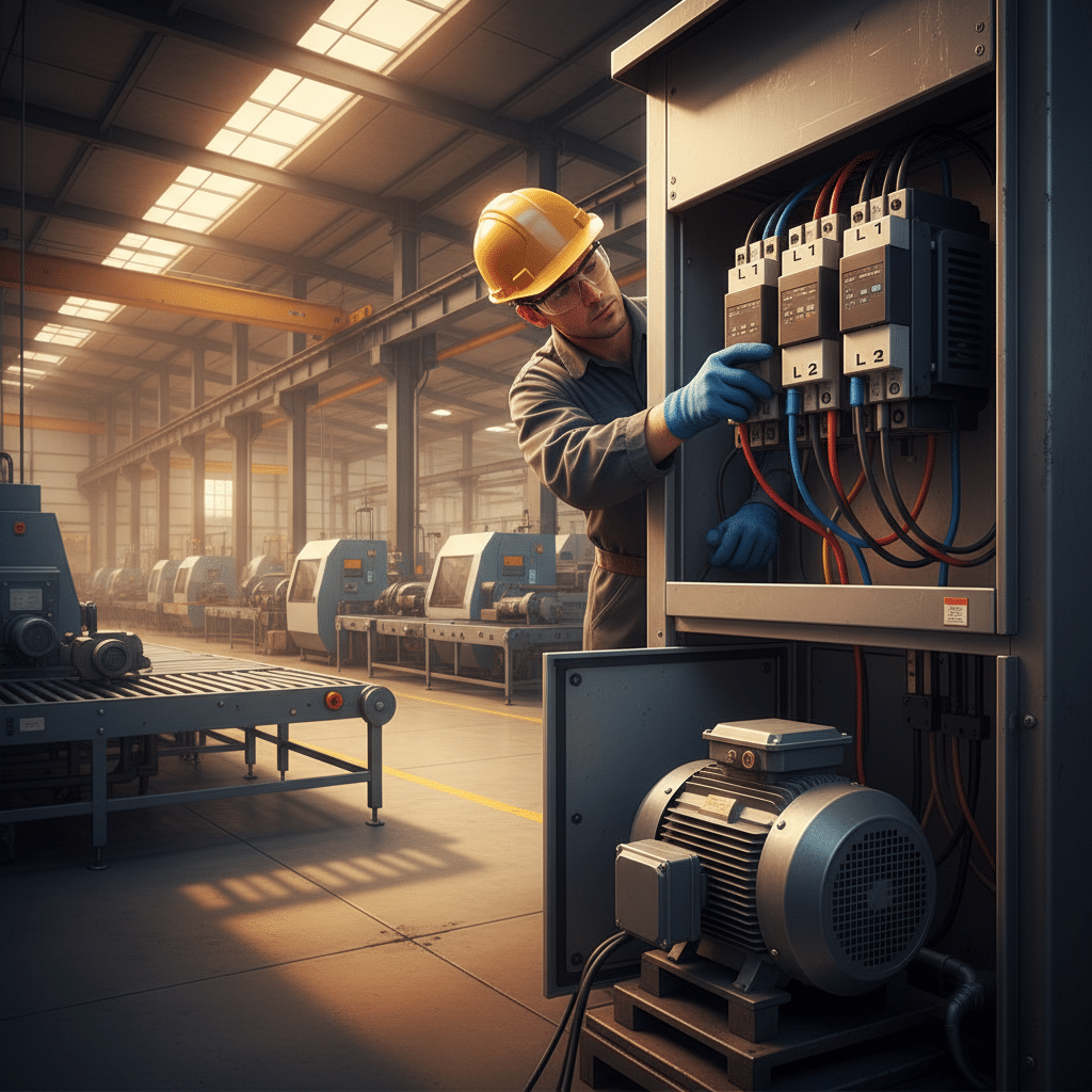 Electrician wiring the line side power input for a 3 phase motor with vfd setup, connecting the L1, L2, and L3 terminals.