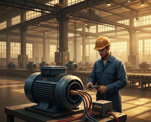 3 phase motor with vfd - A technician safely wiring a 3 phase motor with a VFD, illustrating the essential connection for pro