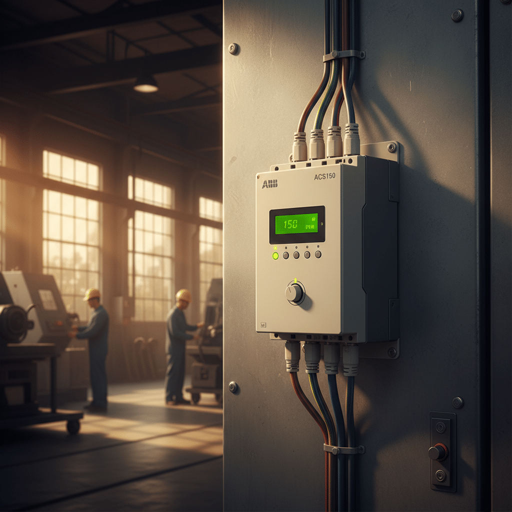abb acs150 variable frequency drives vfds - A close-up of one of the compact ABB ACS150 variable frequency drives (VFDs) moun