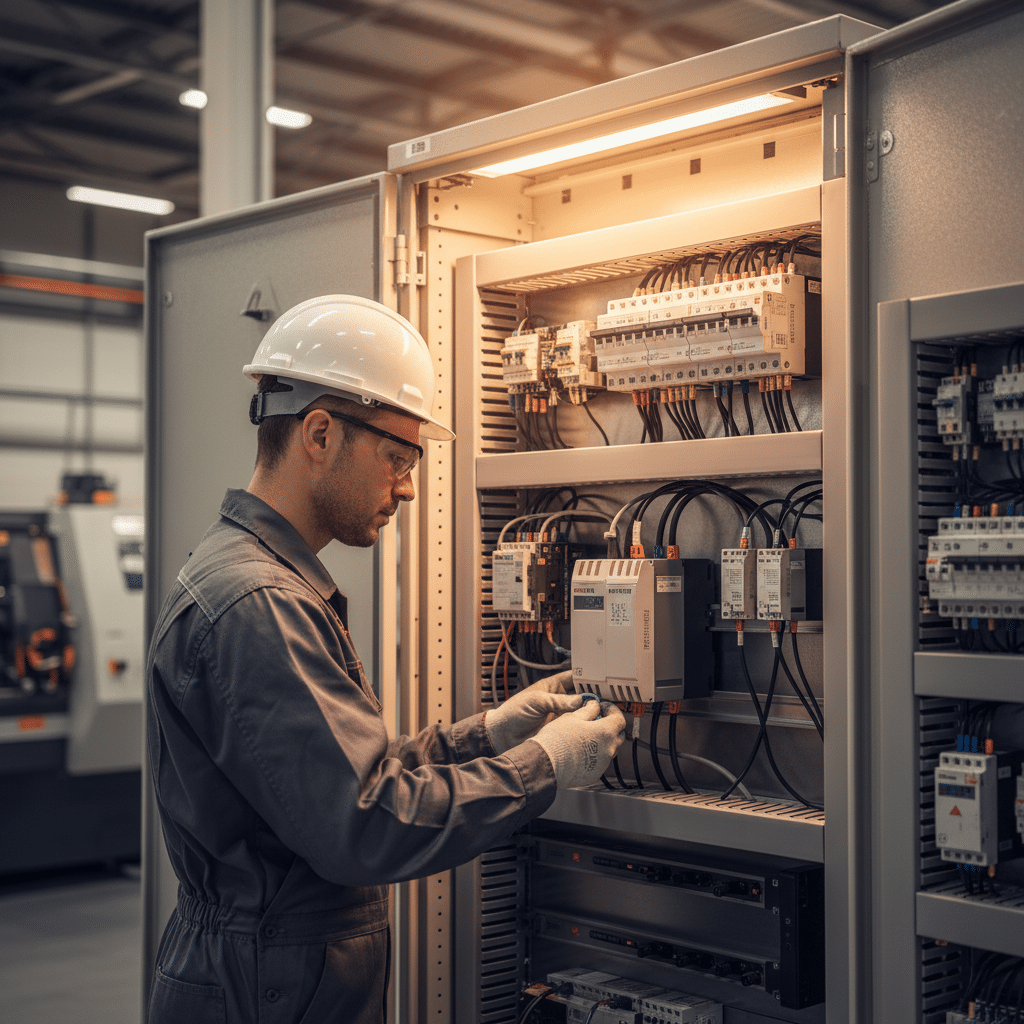 Technician following safety protocols while installing abb acs250 variable frequency drives vfds in an industrial control ...