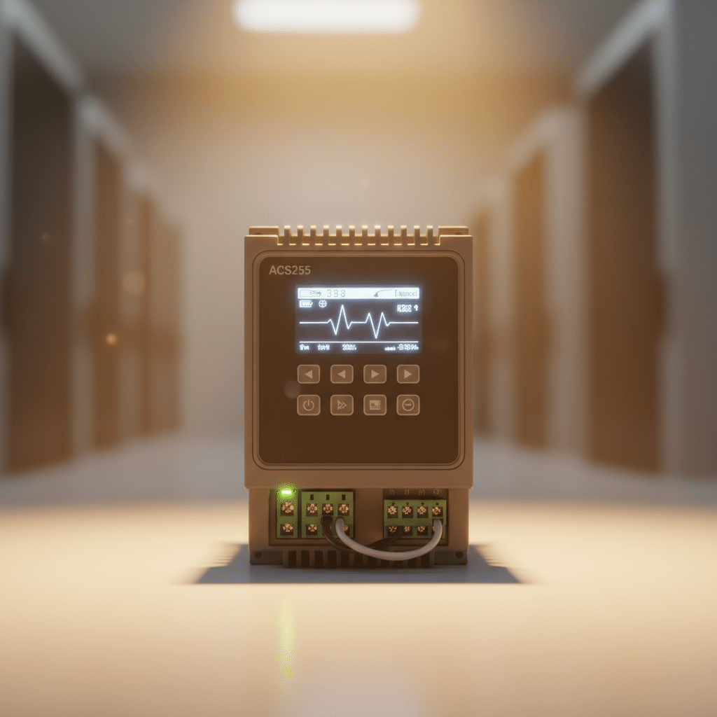 A detailed studio image of the ABB ACS255 variable frequency drives VFDs, showcasing the user interface and connection por...