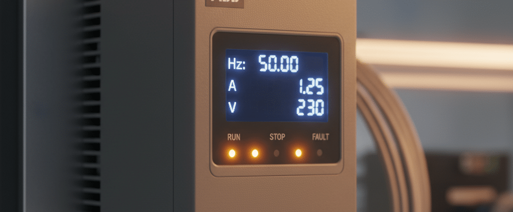 A close-up image of the ABB ACS255 variable frequency drives VFDs, highlighting its compact size and digital display for m...