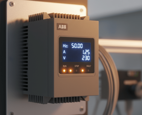 A close-up image of the ABB ACS255 variable frequency drives VFDs, highlighting its compact size and digital display for m...
