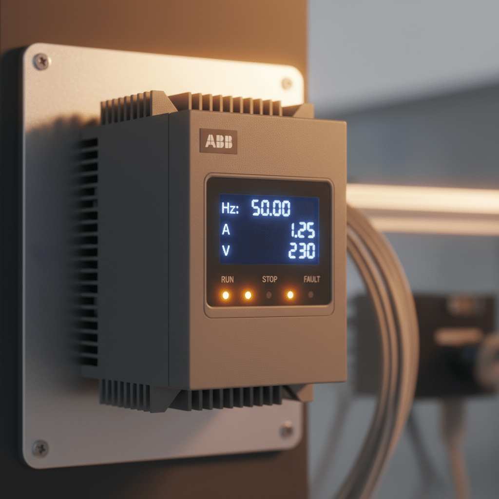 A close-up image of the ABB ACS255 variable frequency drives VFDs, highlighting its compact size and digital display for m...