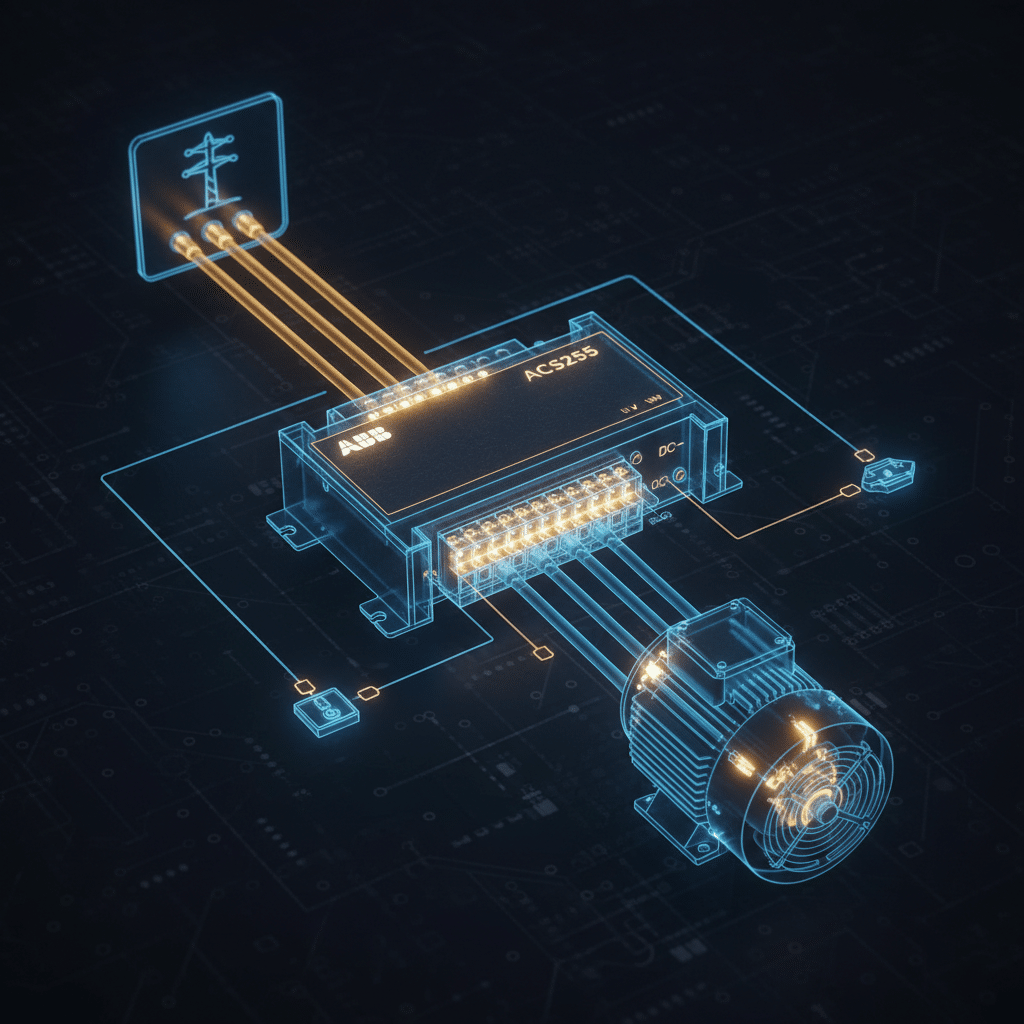 Clear wiring diagram for the installation of ABB ACS255 variable frequency drives VFDs, showing correct terminal connectio...