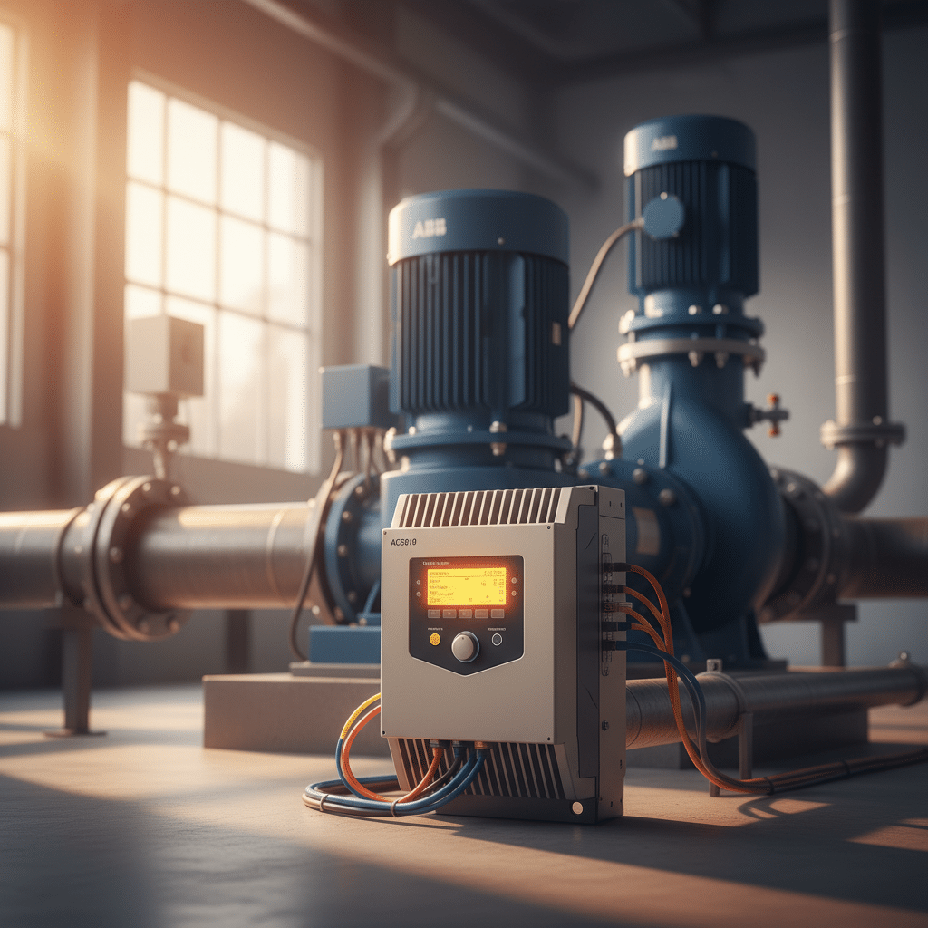 A close-up of the ABB ACS310 variable frequency drives VFDs unit, which is used to master flow control for industrial pump...