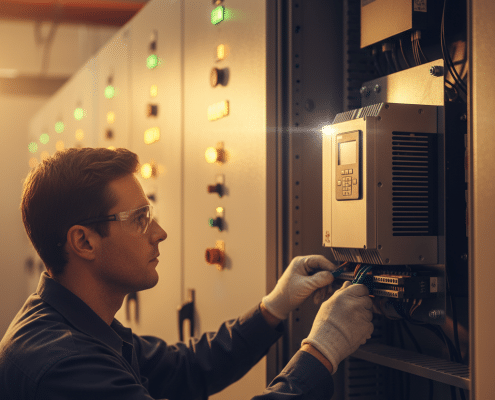 abb acs355 variable frequency drives vfds - A technician installing one of the ABB ACS355 variable frequency drives (VFDs) on